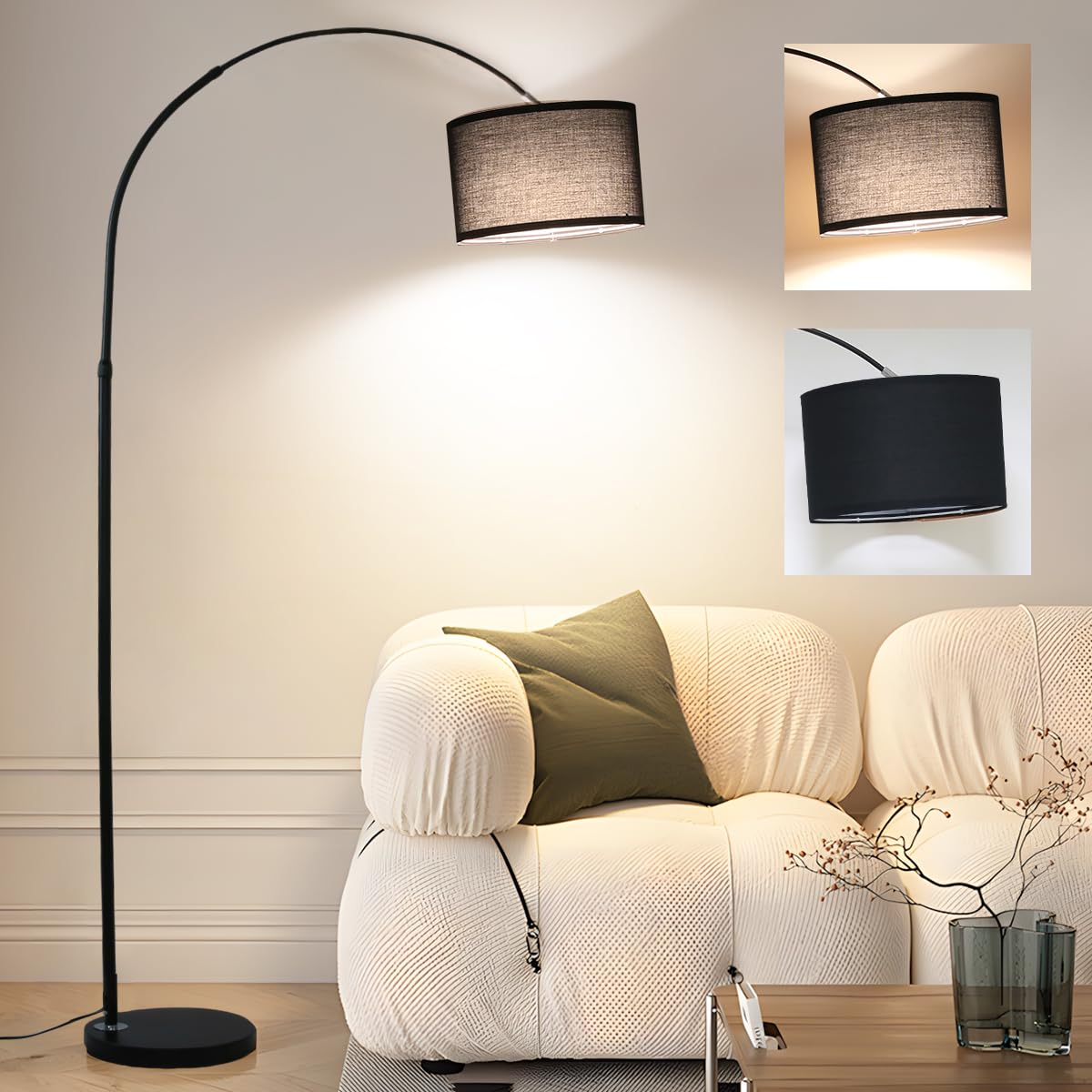 ANTENLICHT LUNA Bogenlampe Wohnzimmer Stehlampe I Inklusive LED E27 I Stoffschirm 33 cm Schwarz I Fußschalter I Bogenleuchte Vintage geeignet für Schlafzimmer, Hotel