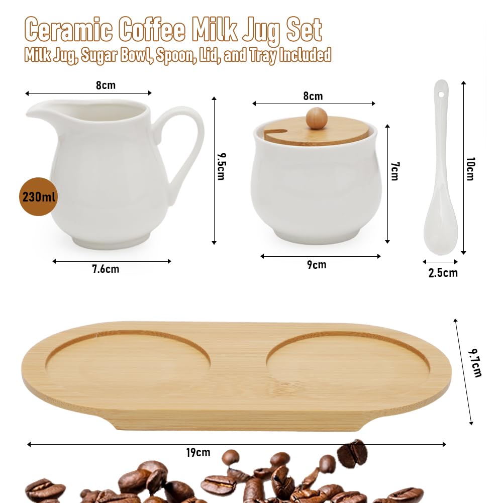 Yuragim Set di latte e zucchero con coperchio e cucchiaio, 5 pezzi, in ceramica, con vassoio in legno, per latte e zucchero, per cucina, caffè, microonde e lavastoviglie (bianco)