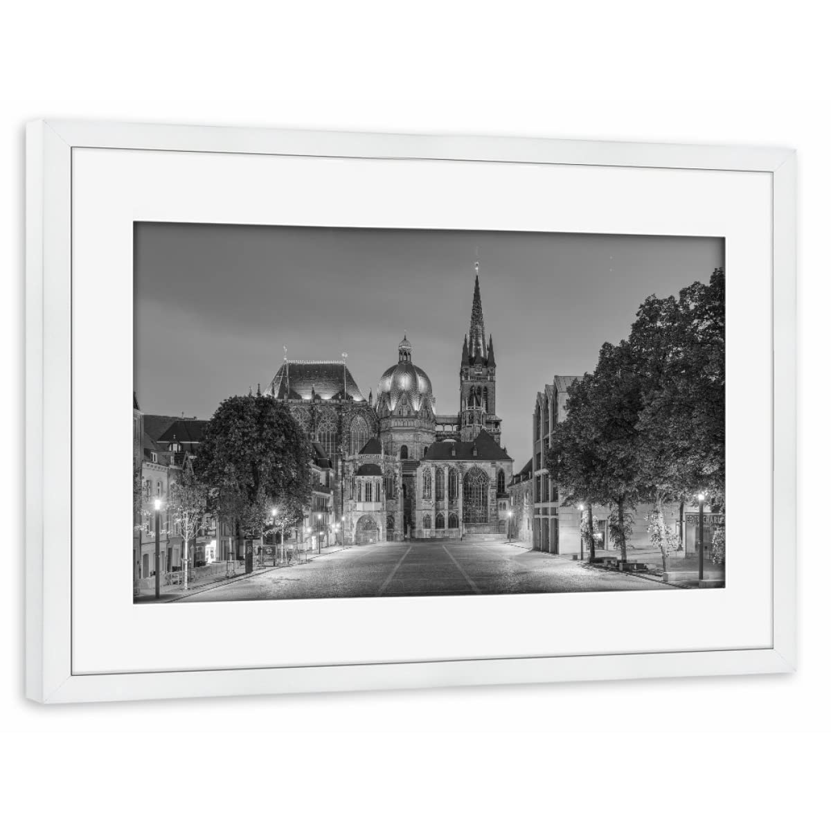 artboxONE Poster mit Rahmen weiß 45x30 cm Aachener Dom schwarz-weiß von Michael Valjak - gerahmtes Poster