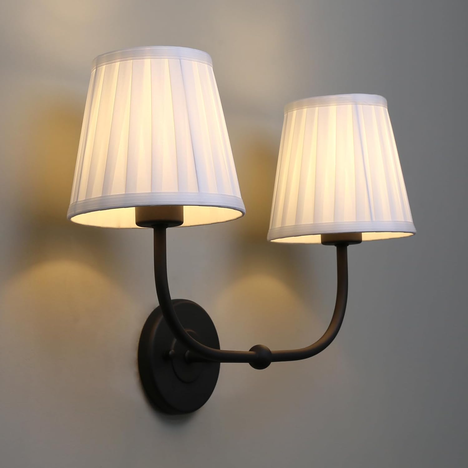PERMO Vintage Sconce Black 2-Lights Wall Sconces with Pleated White Stripe Fabric Shades Retro Bathroom sconces Hardwired Double Sconce for Farmhouse Bedroom Hallway
