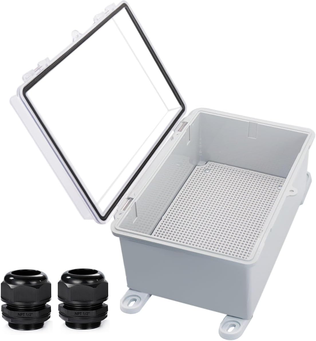 Waterproof Outdoor Electrical Box Junction Box Weatherproof IP67 ABS Plastic Enclosure Switch Router Project Box with Mounting Plate with Wall Bracket 2 Cable Glands Clear 11.4"x7.5"x5.5"