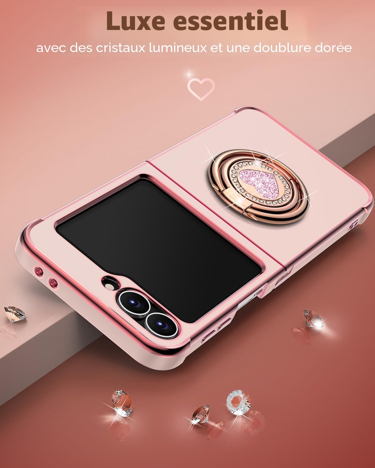 XYZ Coque pour Samsung Galaxy Z Flip 5 / Flip 6, avec Double Anneau de Support Cœur, avec Lanière pour Filles et Femmes, Coque de Protection Luxe Mignonne et Scintillante, Rose