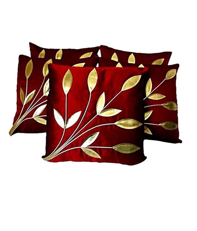 Buy Decor India Cushion Covers Maroon Floral Golden Rexin Polyester