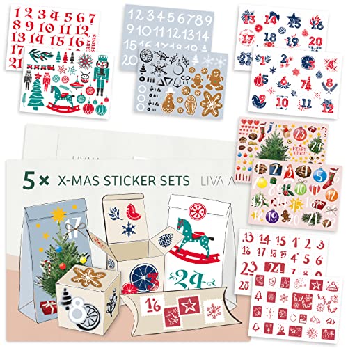 Aufkleber Weihnachten: 325 Schöne Weihnachts Sticker und Zahlenaufkleber 1-24 im Set mit 10 Bögen – Aufkleber Adventskalender Zahlen, Weihnachts Aufkleber – Weihnachten Sticker Adventskalender LIVAIA