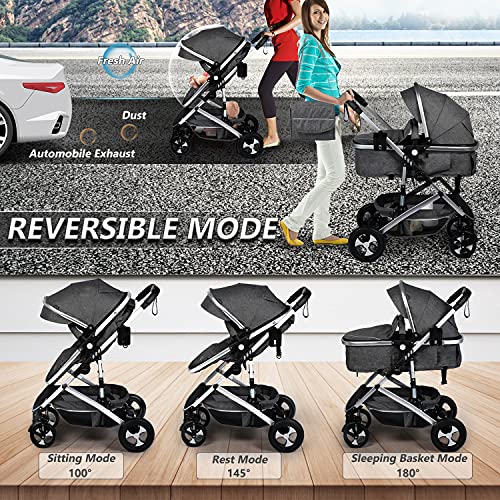 Kinder King 2 In 1 Convertible Baby Stroller, Folding High Landscape Infant Carriage, Newborn Reversible Bassinet Pram, Adjustable Canopy, Diaper Bag, Anti-Shock Toddler Pushchair Dark Grey #TOP1