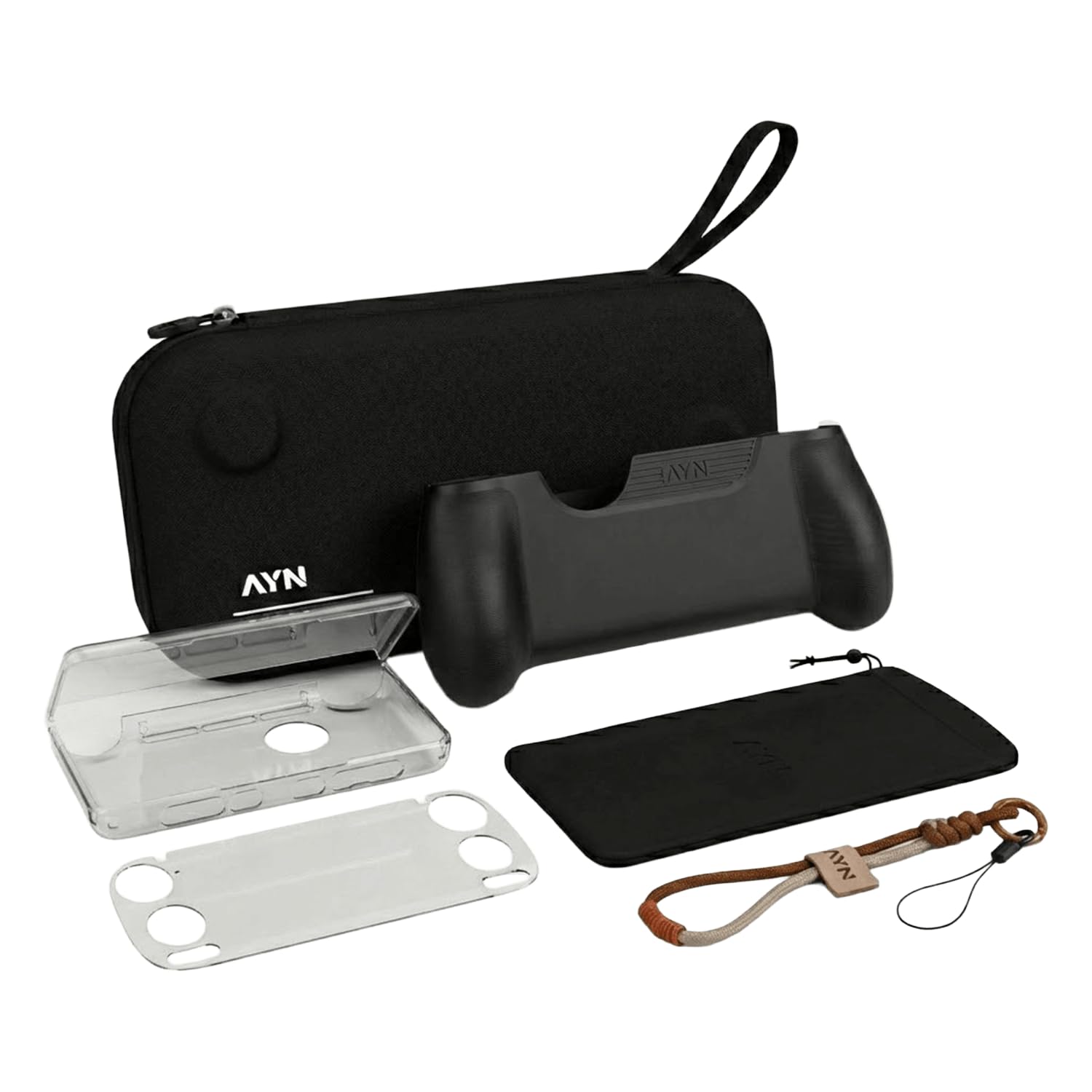 AYN Thor Zubehörpaket – 5-in-1-Komplettpaket für ultimativen Schutz: Hartschalen-Tragetasche, ergonomischer TPU-Griff in Schwarz, 9H-Displayschutz aus gehärtetem Glas, weiche Tasche und Trageband