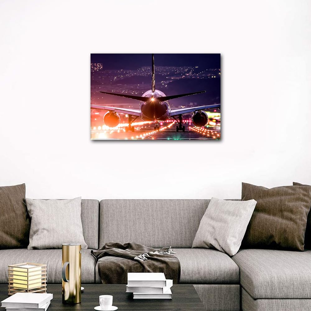 TISHIRON Airplane Pictures Airport Nightscape Wall Art Aircraft Paintings 1 Panel Artwork Printed on Canvas Modern Home Decoration Giclee Wooden Framed Gallery-Wrapped Ready to Hang(16" Wx24 H) - Image 4