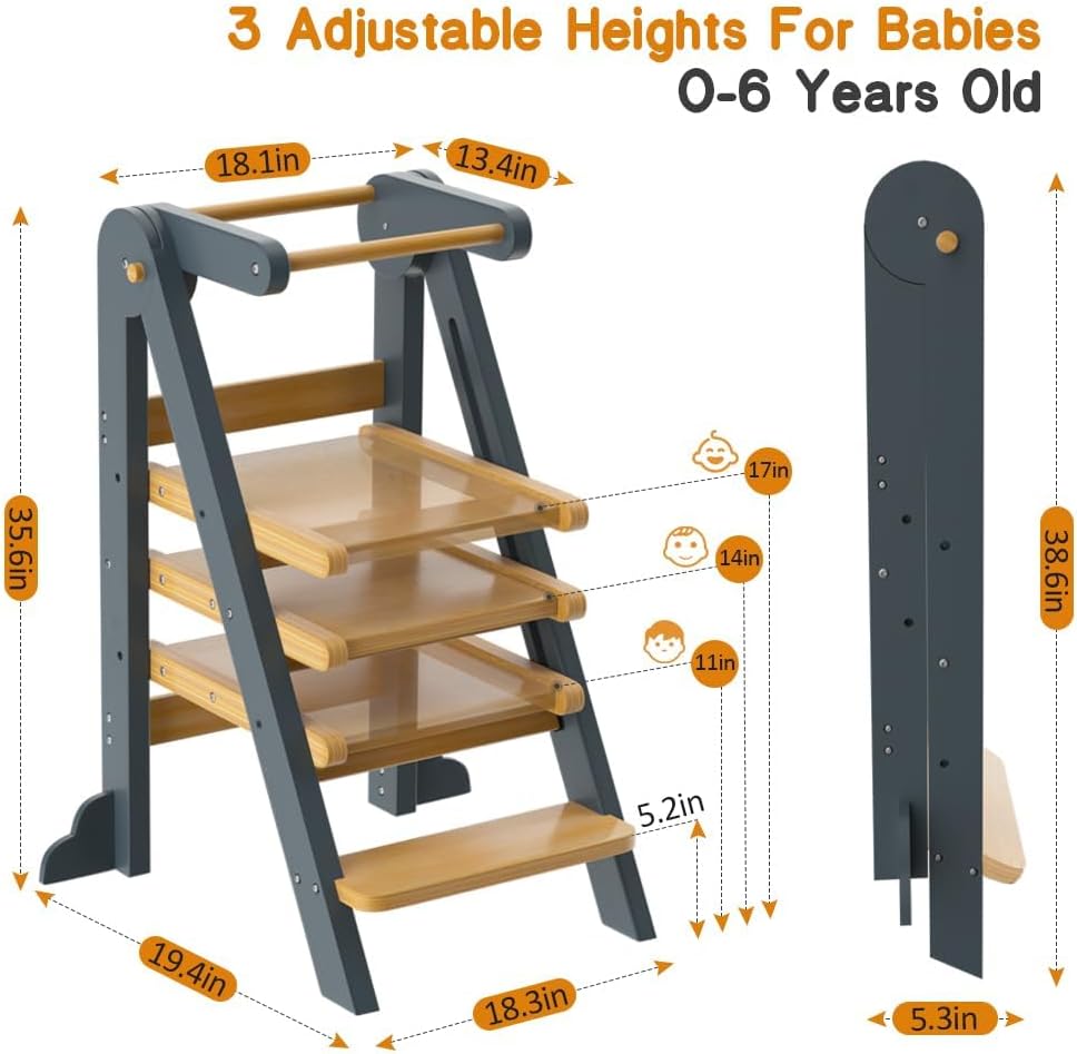 Toddler Tower, Foldable Step Stool for Toddlers, Toddler Kitchen Stool Helper with 3 Adjustable Height Safty Rail and Anti-Tip Structure, Learning Tower for Toddlers Baby Kids (1, Grey)