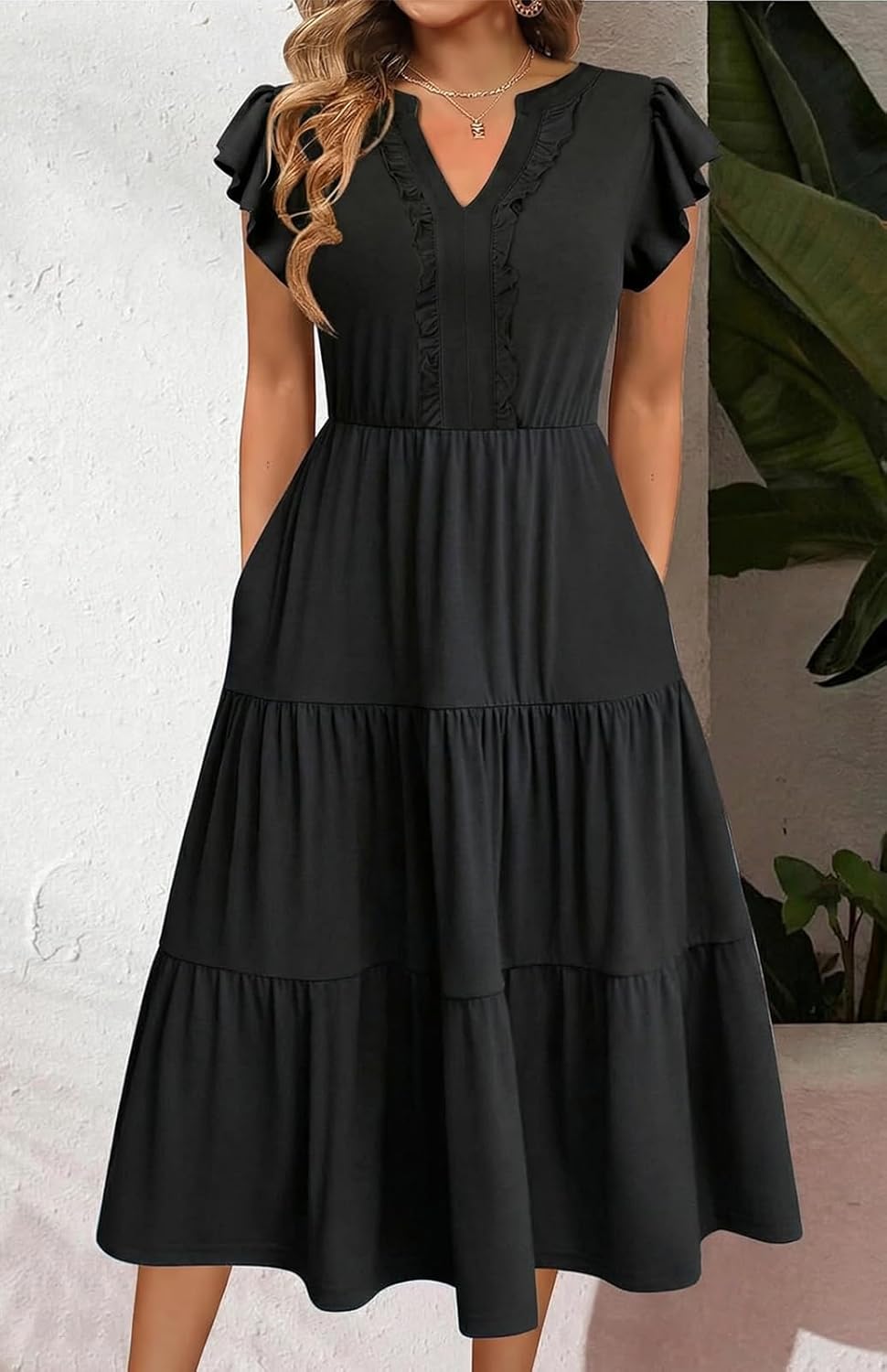 Womens Summer Dress Ruffle Sleeve V Neck Midi Dresses Fashion Casual Fit Flowy Tiered Boho Beach Vacation Sundress - Image 3