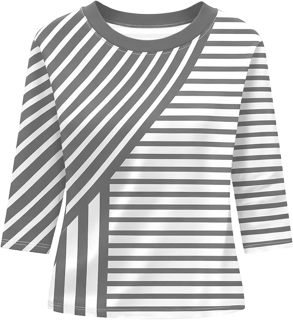 Women Striped Crew Neck Top, Asymmetry Striped 3/4 Sleeve Loose Pullover Shirts Spring Summer Fall Casual Blouse