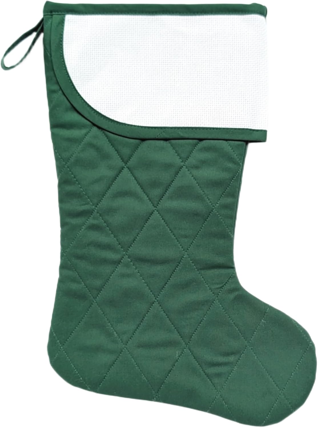 Christmas Stocking with Curved Blank Cross Stitch Aida Cuff - Quilted, Solid Color (Dark Green, Diamonds)