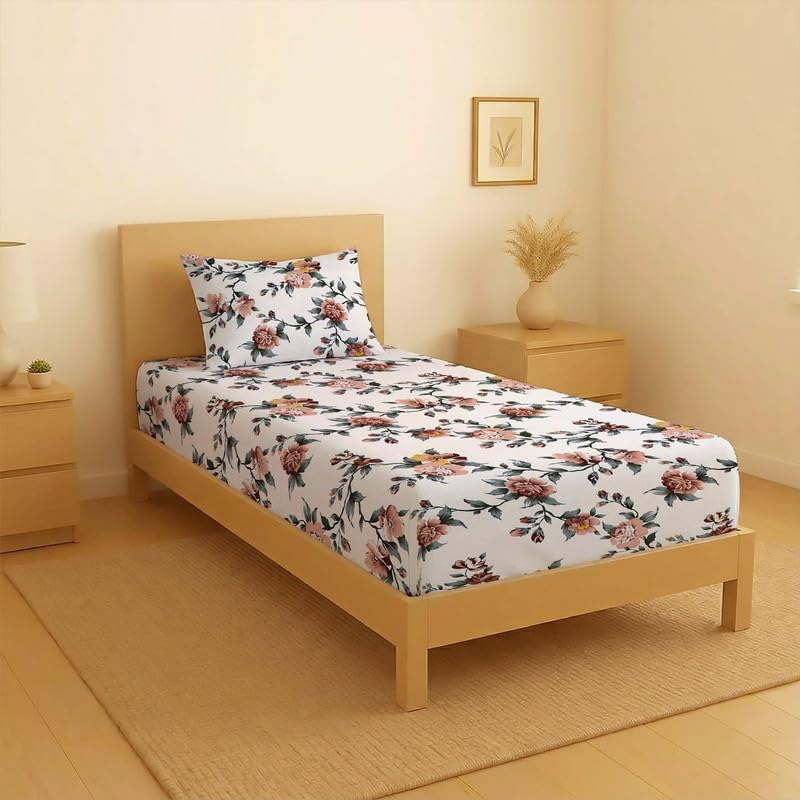 Image of Single Size Fitted Bedsheet with 1 Pillow Cover, Soft Breathable Elastic Bed Sheet for Single Bed, Premium Printed Bedsheet with All Around Elastic - 36 x 72 + 6 Inches, Blush Rose White Floral