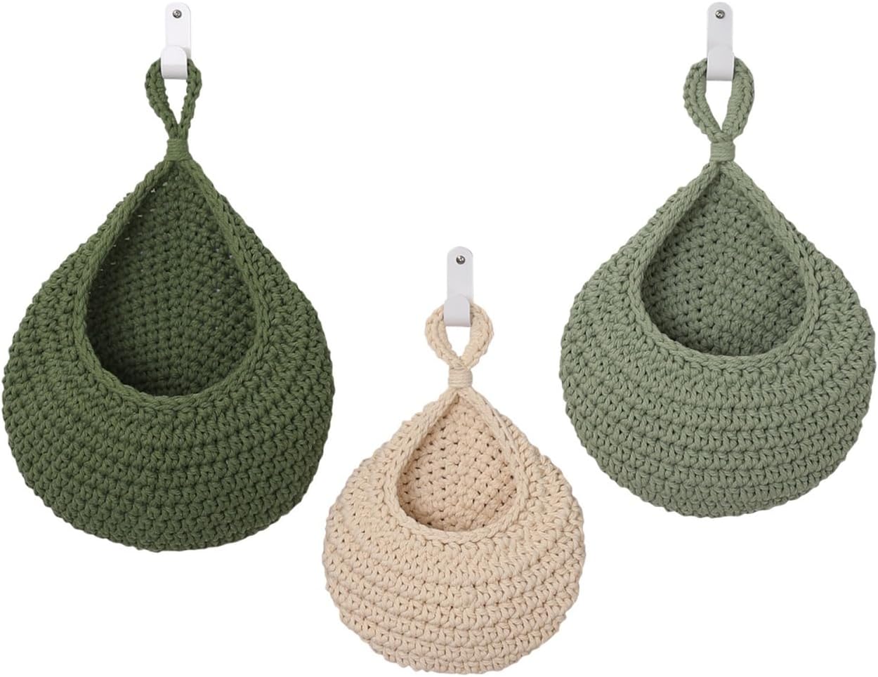 3 Pcs Boho hand-woven hanging linen basket,drop molding design,cotton rope storage baskets for living room,kitchen,wall-mounted fruit,vegetable potted plants organizer (3 sizes)