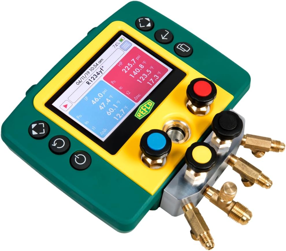 REFMATE-4-CA-WTC Four Way Digital Manifold | Includes 2 K Type thermocouples, 5ft Hoses w/Ball valves, Wireless Clamps, & Protective case