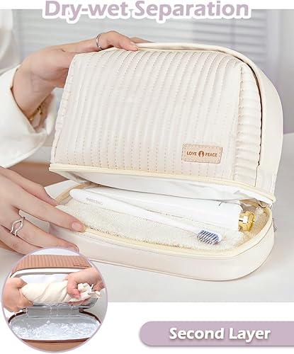 Miniatura 10 de Bolsa de maquillaje portátil de doble capa de viaje para mujer, organizador de cuero PU impermeable, Azulclaro