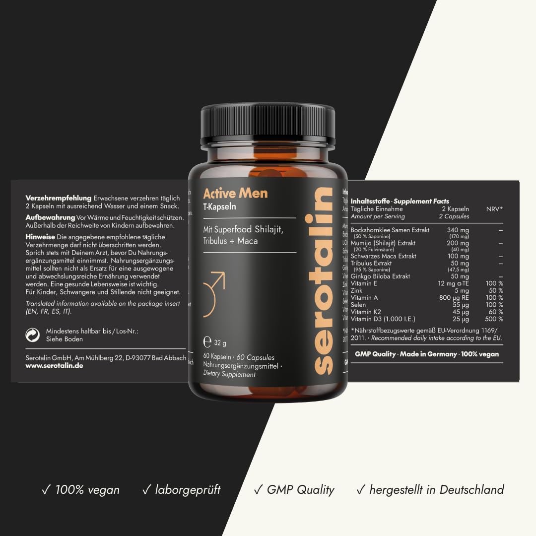 serotalin Active Men Complete Set | Kapseln mit Maca, Night Kapseln mit KSM-66 Ashwagandha & Drink mit Kreatin | Nährstoff Komplex | Made in Germany