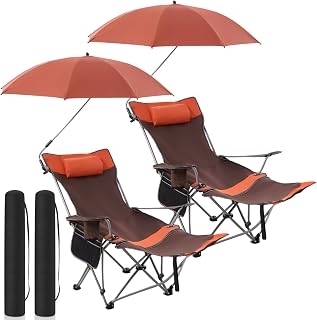 Yuntau 2 Set Reclining Beach Chairs with UPF 50+ Umbrellas Shade, Upgraded Heavy Duty Portable Folding Lounge Camping Chair with Canopy Removable Footrest & Headrest for Outdoor Patio(Orange)