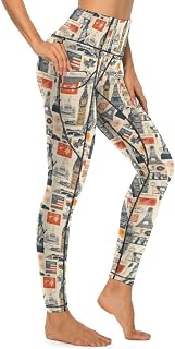 Vintage Landmark Collage Print Leggings for Women - High Waisted Yoga Pants Gym Workout Leggings with Pockets