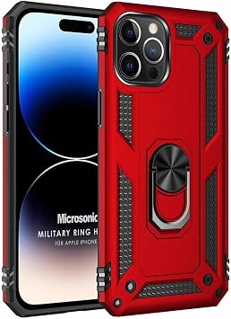 Microsonic Kılıf Apple iPhone 15 Pro için Military Ring Holder Kırmızı [iPhone 15 Pro ile Uyumlu Kılıf - Kırmızı]