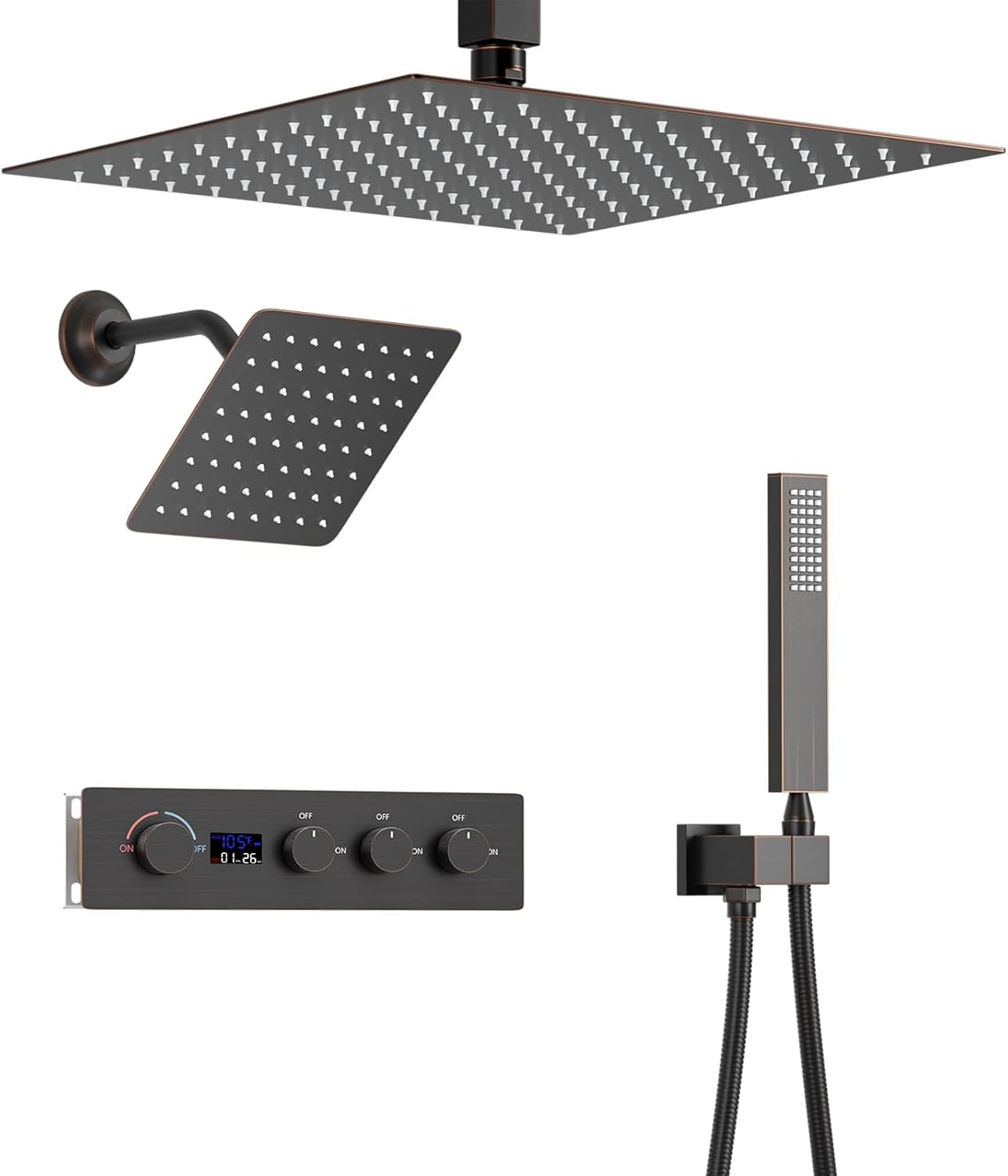 12 IN Luxury Ceiling Shower System Shower Faucet Rain Mixer Combo with 8 inch Wall Mounted Shower Head and Handheld, 3 Function Temperature Digital Display (Oil Rubbed Bronze)