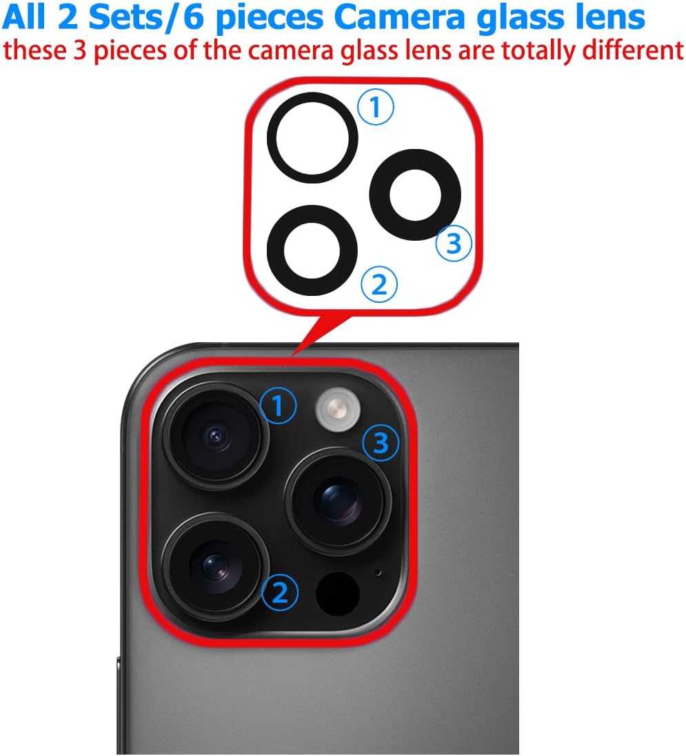 2 Packs Rear Camera Lens Glass Replacement Kits for iPhone 16 Pro & 16 Pro Max Pre-Installed Adhesive with Installation Manual and Repair Tools