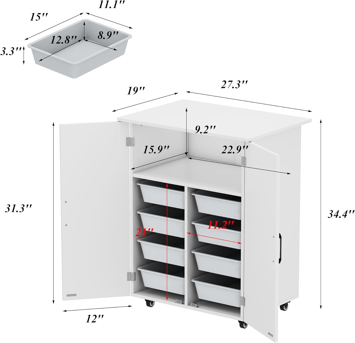Homsee 27.3" W Rolling Craft Cart Compatible with Cricut Machine & 8 Sliding Organizers, Wooden Farmhouse Craft Cabinet Table with Shelf for Accessories Organization and Storage, White