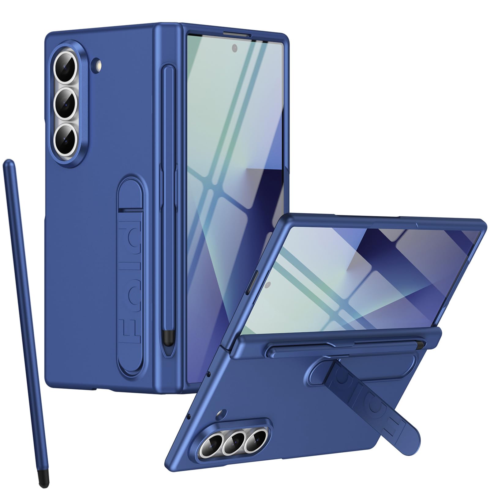 Custodia con supporto per Samsung Z Fold 6, Pellicola protettiva, Protezione Cerniera, Portapenne, Cover con pieghevole supporto per Samsung Galaxy Z Fold6 e penna stilo-Blu scuro