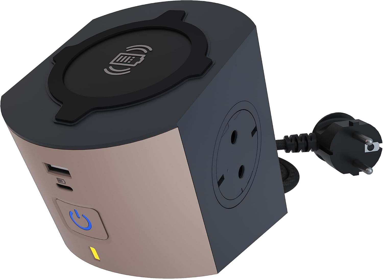 LEGRAND, Power Cub, Compact Charging Station with 5 Ports, Multiple Socket, Inductive Charging, USB-A and USB-C Port, 2-Way Socket, 2 m Cable Length, Brown/Dark Grey, 694500