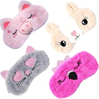 4 Pack Sleeping Mask for Girls Soft Plush Blindfold Cute Rabbit Pig Flamingo Cat Sleep Masks Eye Cover Eyeshade for Kids Teens Women Plane Travel Nap Night Sleeping