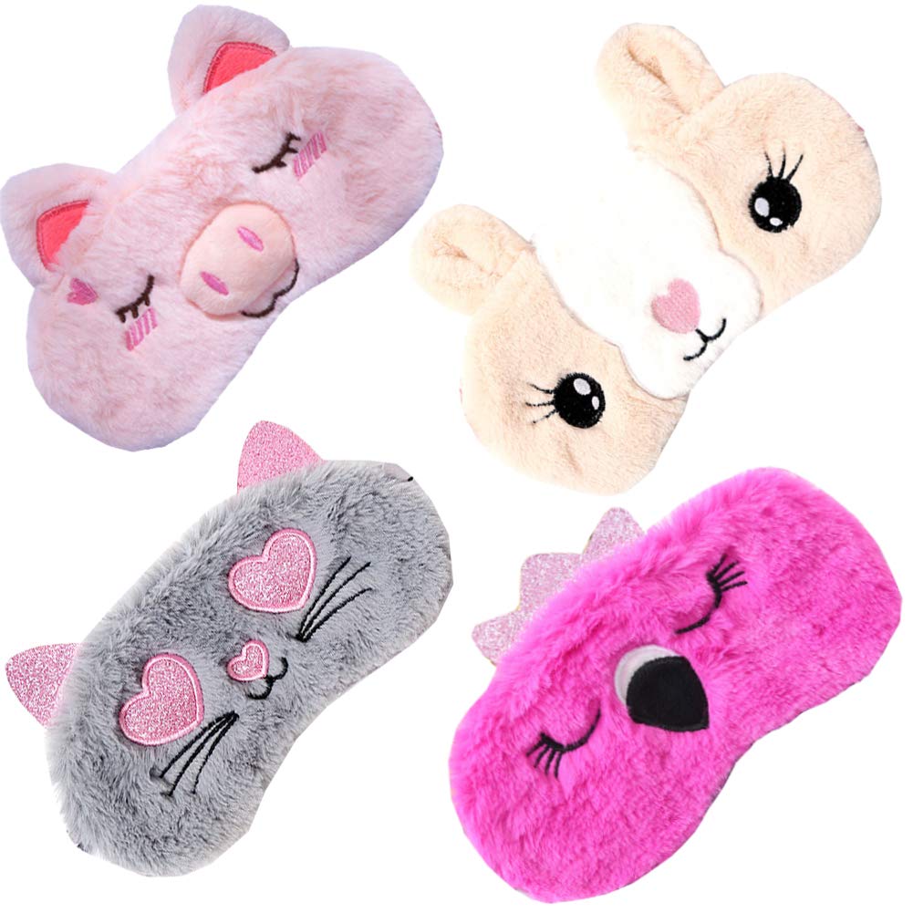 4 Pack Sleeping Mask for Girls Soft Plush Blindfold Cute Rabbit Pig Flamingo Cat Sleep Masks Eye Cover