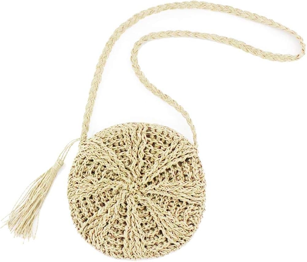 Solid Color Tassel Shoulder Handbags Women Woven Round Beach Crossbody