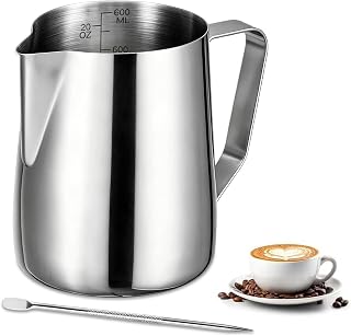 Milchkännchen - 600ml/20oz Milchkanne Edelstahl mit Messung Mark Und Latte Art Pen, Kaffee Creamer Milch Aufschäumer Kännchen Tasse für Cappuccino, Espresso, Latte Art, Perfekt