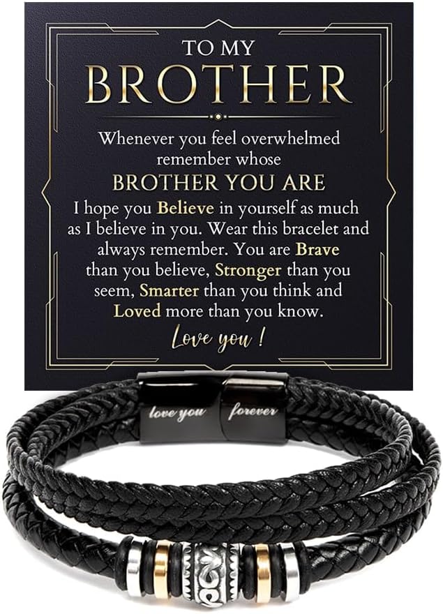 To My Brother Bracelet, Brother Bracelet From Sister, Brothers Bracelets Gift, Braided Leather Stainless Steel Bracelets Gifts For Brothers With Message Card & Box For Wedding Birthday Christmas