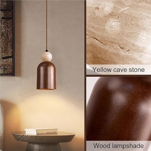 Miniatura 6 de Nordic Retro Bedside Pendant Light Modern Solid Wood Shade Hanging Lamp with Travertine Accents 78.8IN Adjustable Cord Chandelier for Dining Room