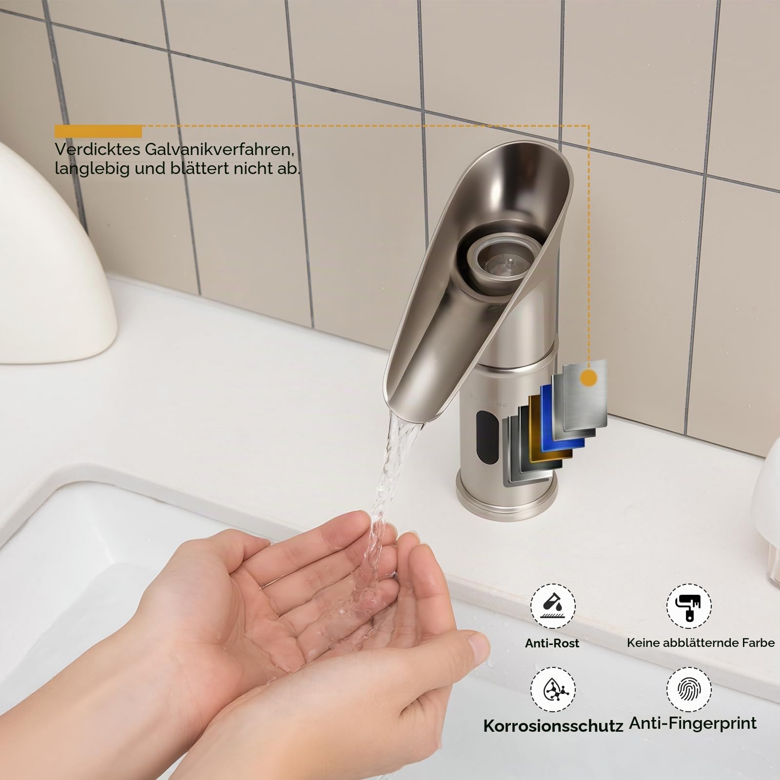 Gangang LED Wasserfall Wasserhahn mit Sensor Bad, Infrarot Automatisch Bassin Wasserhahn für Badezimmer Badarmatur, LED 3 Farbe ändert Sich mit Wassertemperatur (Messing, Gebürstet Nickel)