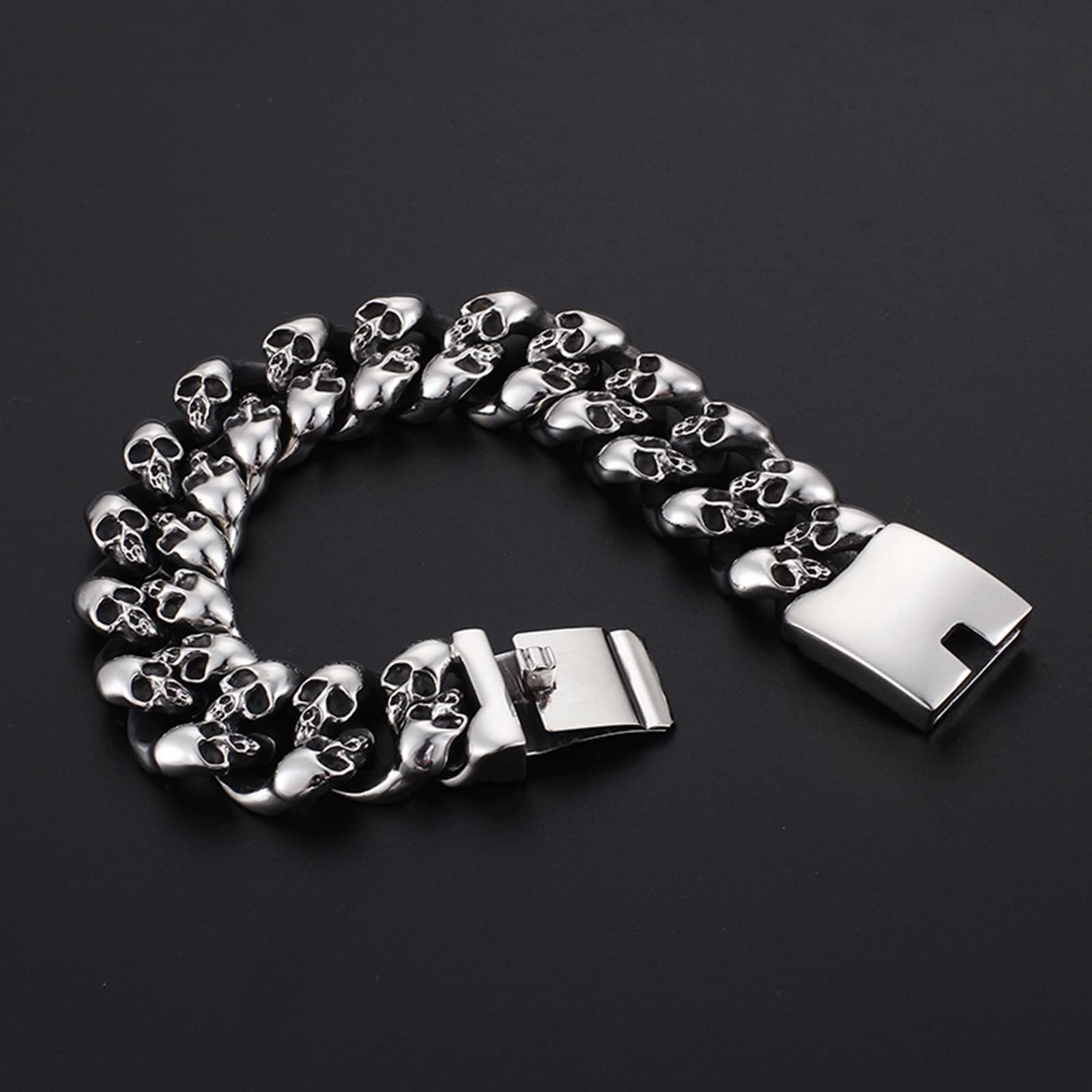 Herren Herrenarmband in Edelstahl, Schädel Panzerkette Personalisiertes Armband als Geschenk für Herren, Freunde und Familie, 21cm Länge, 19mm Breite, Schwarz