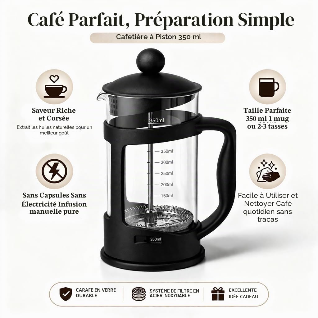 GLOW Classic Continental Cafetière noire 350 ml – Cafetière manuelle de qualité supérieure avec cafetière à piston en verre trempé résistant aux chocs et filtre à piston pour haricots moulus expresso