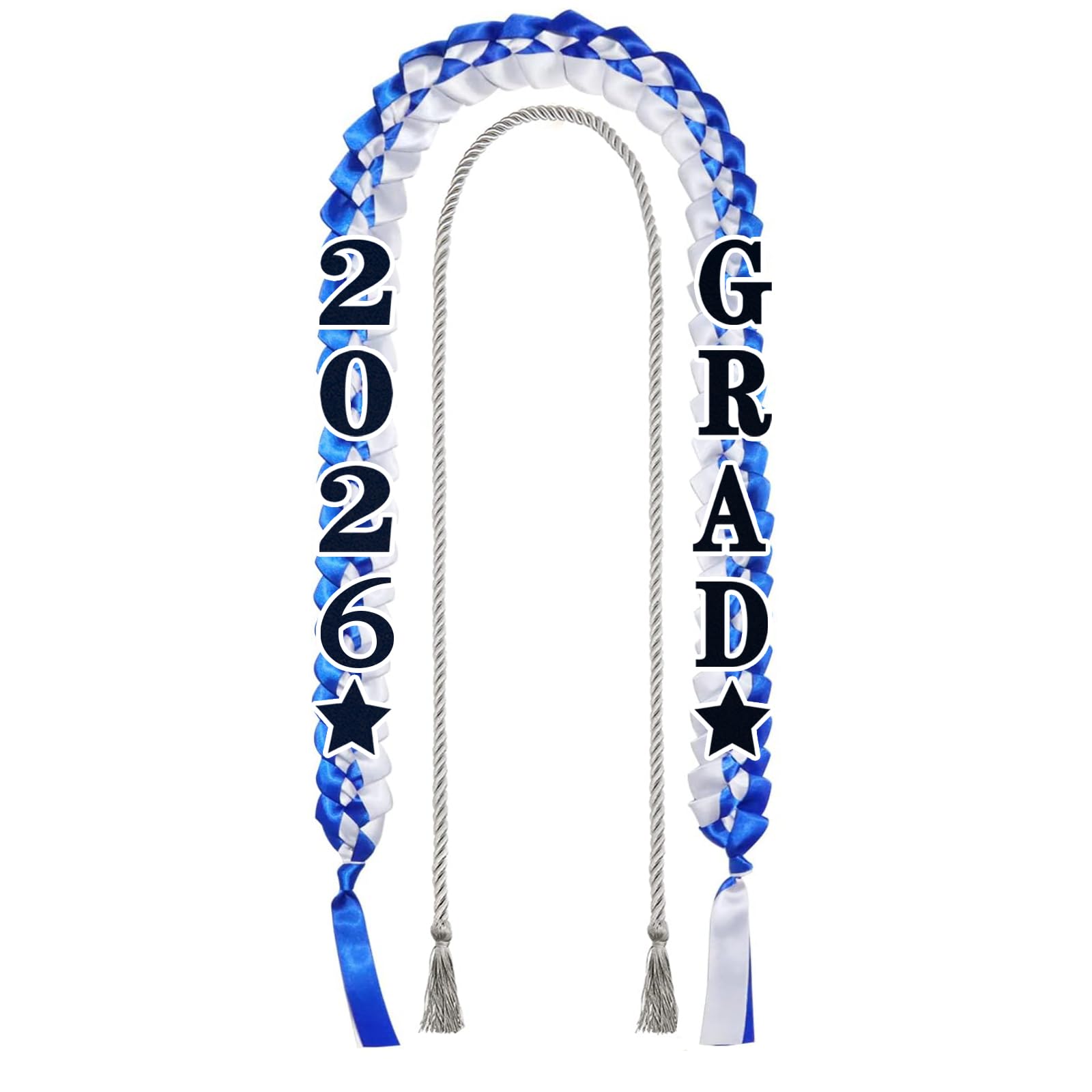 Photo 1 of 10 Pieces Graduation Ribbon Lei 2026, Handmade Braided Necklace Honor Cord, [2026 Grad] Embroidery Patches for College Graduation Party Decorations (Blue and White, Silver Cord)