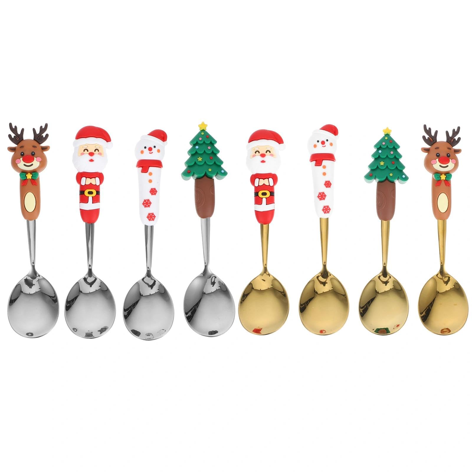 LOGOFUN 8PCS Christmas Spoon Stainless Steel Stirring Spoon with Resin Santa Tree Snowman Deer Ornaments Cartoon Xmas Theme Ice Tea Spoons for DIY Christmas Holiday Party Supplies