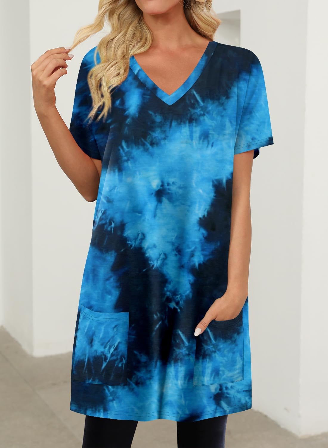 KISSMODA Womens Summer Tunic Tops for Leggings Casual Short Sleeve Long Shirts with Pockets - Image 3