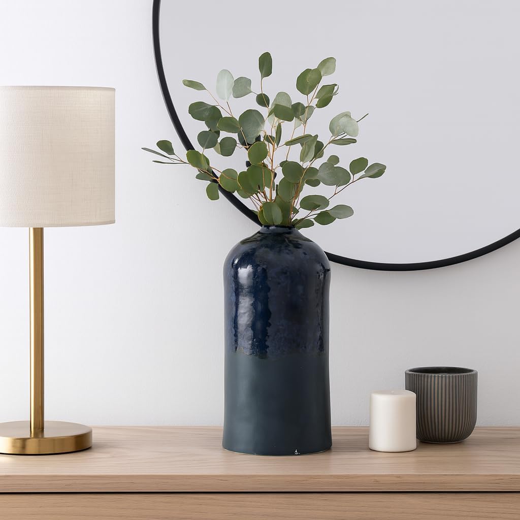 Decorative Gloss and Matte Pottery Vase for Living Room Decor - Decorative Home Accent for Bedroom, Office, and Shelf Display - Modern Flower Vase for House Entryway and Kitchen Table - 14", Blue