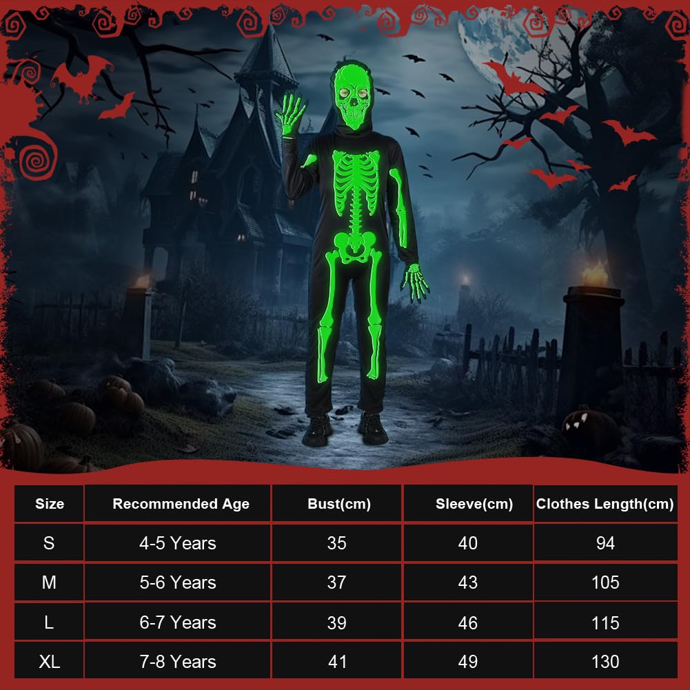 AYBUY Costume da Scheletro Per Bambini, Luminoso Costume Scheletro Tuta Scheletro con Cappuccio, Costume Scheletro Bambino Glow in Dark per Halloween, Carnevale, Theme Party
