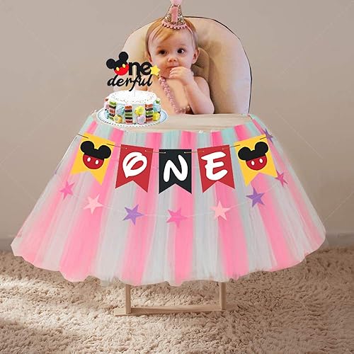 Miniatura 8 de Decoraciones de Mickey para el primer cumpleaños, suministros de fiesta, cartel de Mickey One para silla alta para primer cumpleaños, decoración de