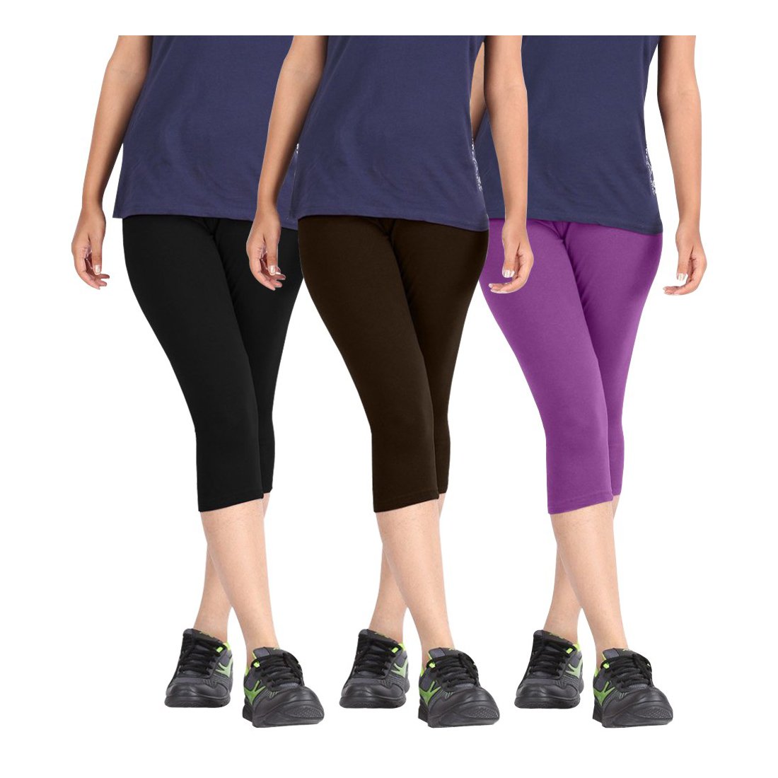 pixie fashion Biowashed Cotton Stretchable Capri Legging Combo Pack of 3 for Women/Girls/Ladies (Black, Dark Brown, Purple) - Free Size-picture-34