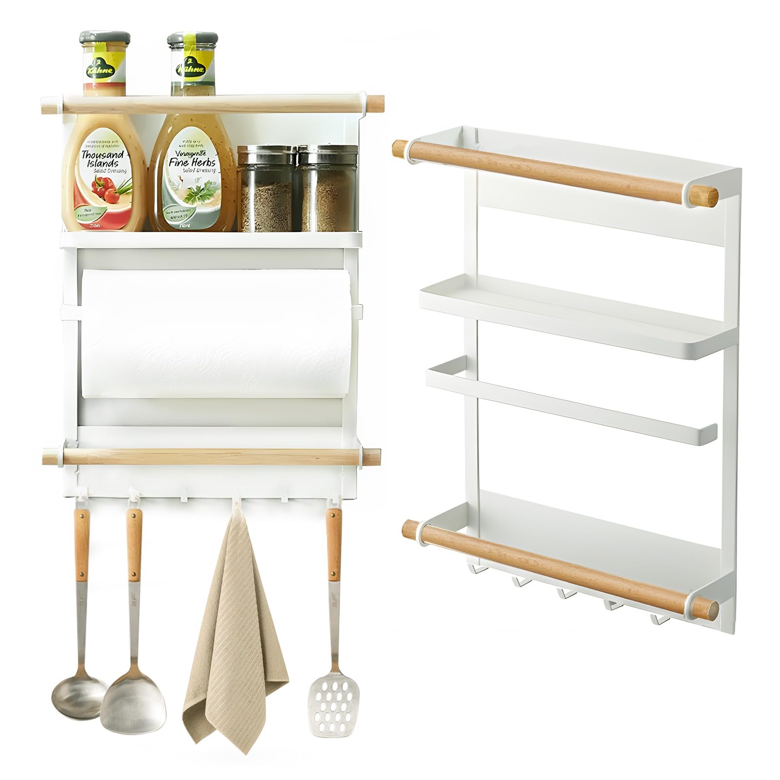 Mensola Magnetica Porta Spezie per Frigorifero – Organizer da Cucina a 3 Ripiani con 6 Ganci, Design in Legno – Scaffale per Spezie, Asciugamani, Barattoli e Carta da Cucina