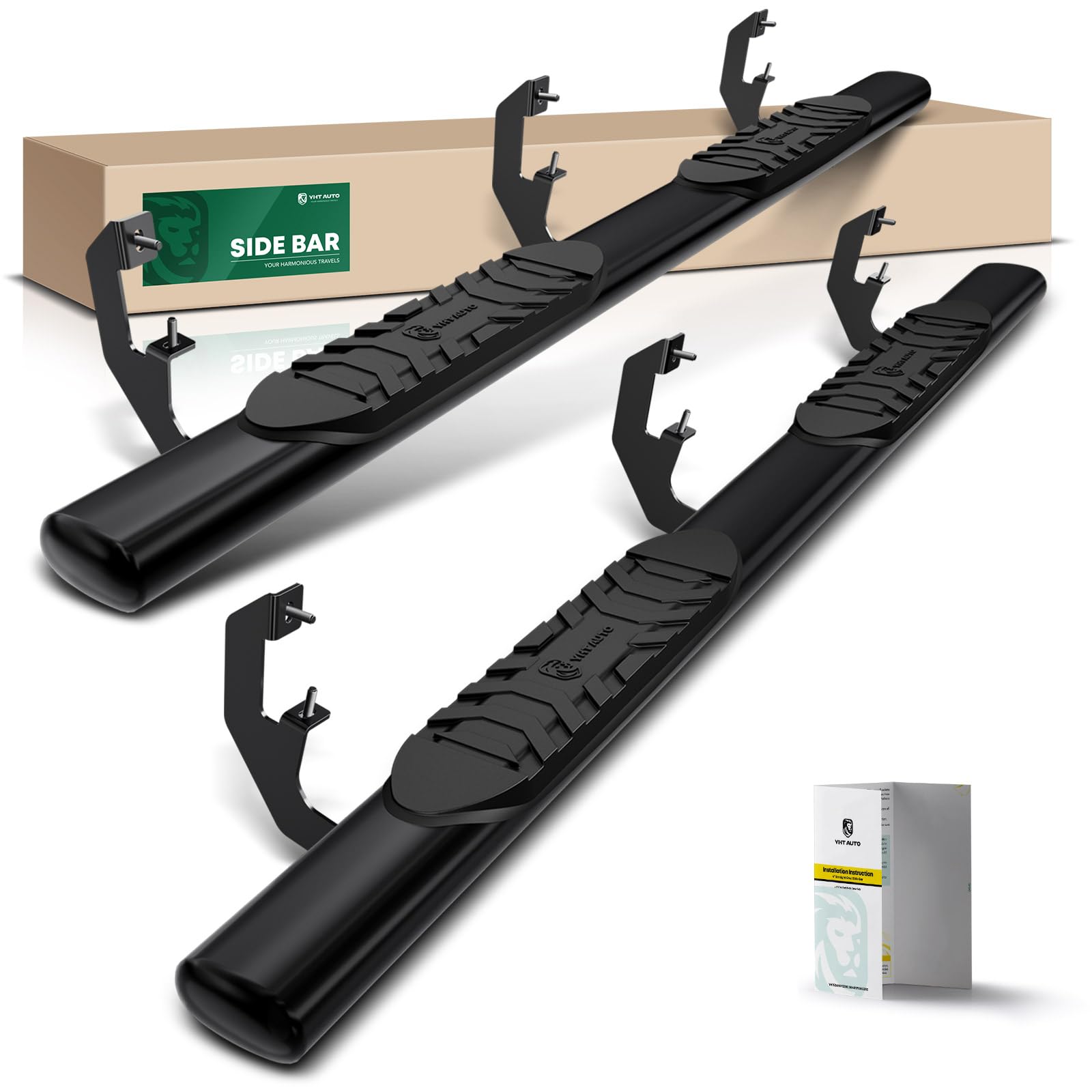 YHTAUTO 5 Inch Running Boards Side Steps Fit Chevy Silverado & GMC Sierra 1500 2007-2018, 2500 HD/3500 HD (Crew Cab) Oval Straight Carbon Steel Black