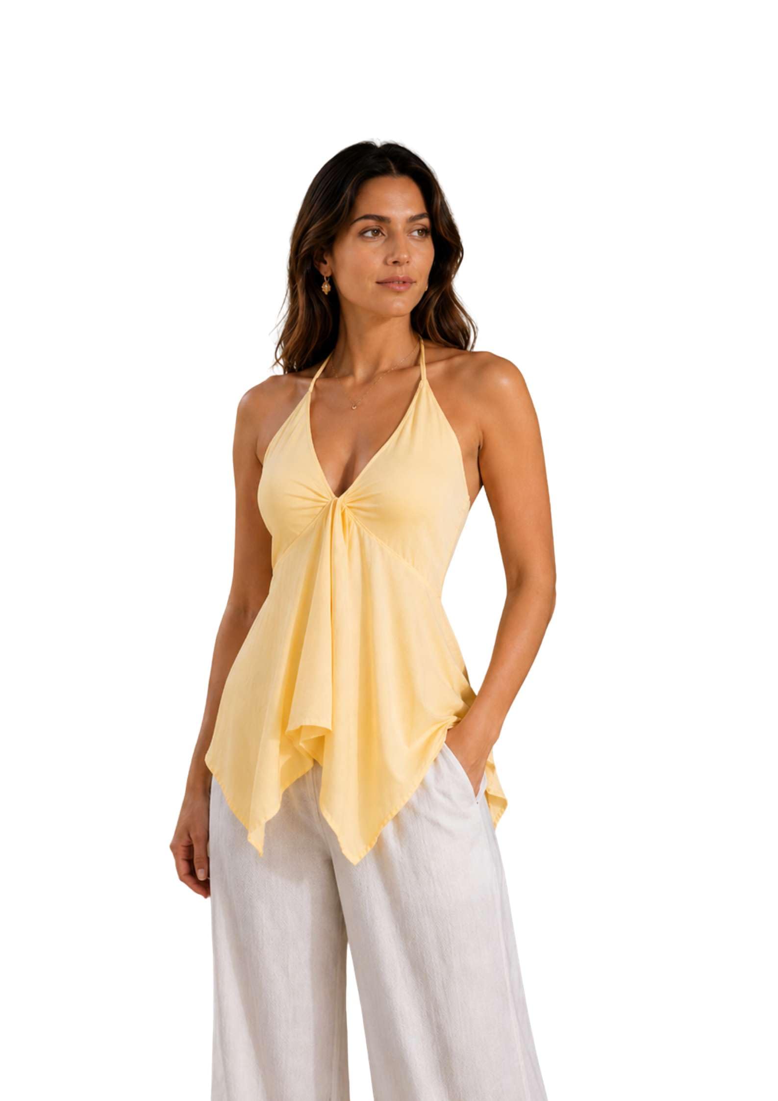 vaaki Women Buttery Yellow Halter Neck Top | Sleeveless Flowy Crepe Tie-Up Back Asymmetric Western Summer Top-picture-39