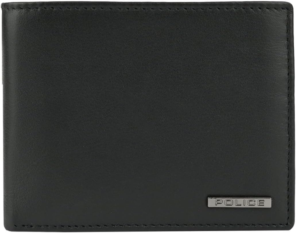 Police Men's Genuine Leather Wallet, Slim Bifold with Coin Pocket and Card Slots, Black