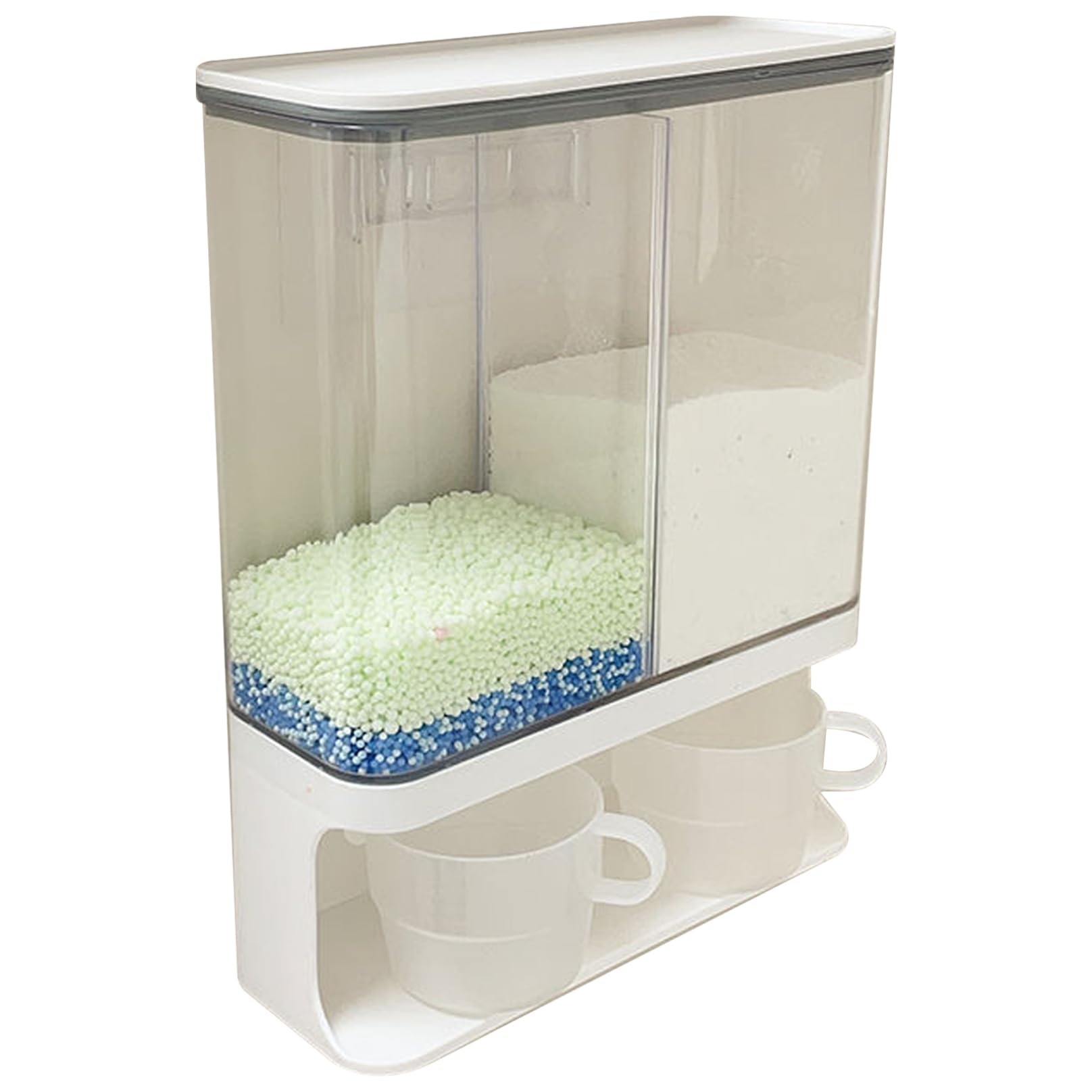Nukinp Laundry Powder Dispenser, 3000ml 2 Grid Waterproof Dustproof Clear Detergent Dispenser, Wall Mounted Laundry Powder Container with 2 Cups