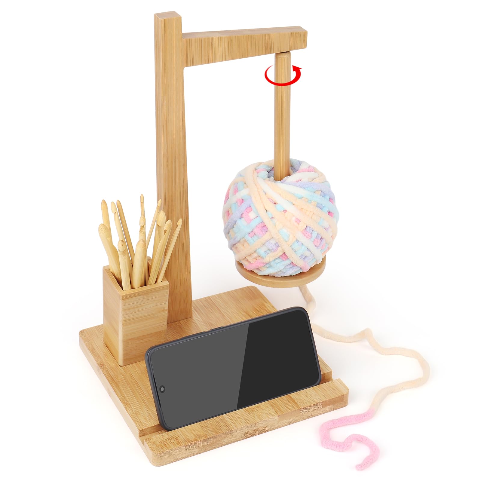 Aeelike Yarn Holder, Magnetic Wooden Yarn Holder for Crochet and Knitting, Wooden Yarn Ball Holder with Storage and Phone Stand, Revolving Wool Ball Holder Magnetic Crochet Knitting Yarn Feeder